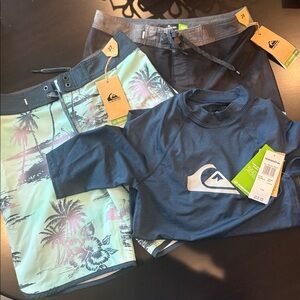 BUNDLE of 3 New  Swim trunks  swim shirt Quicksilver Boys sz 12 14